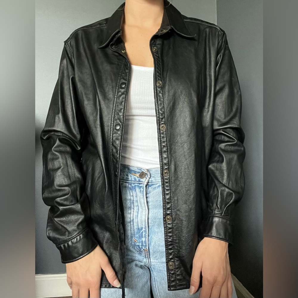 Black Leather Button Down Jacket - image 2